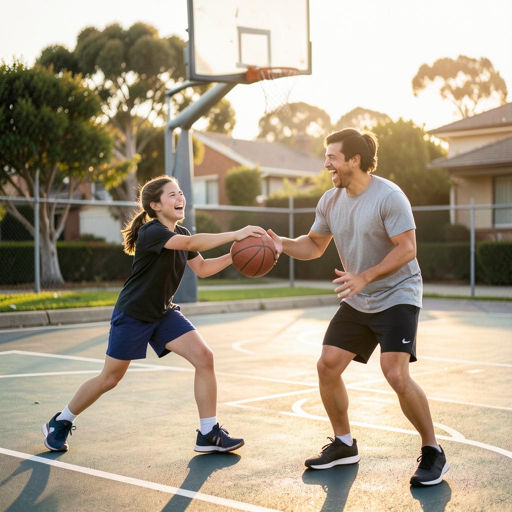 A young participant and their support worker laughing while playing basketball at an outdoor court
