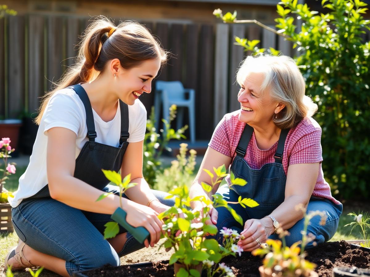 A young woman gardening and laughing with a support worker during respite