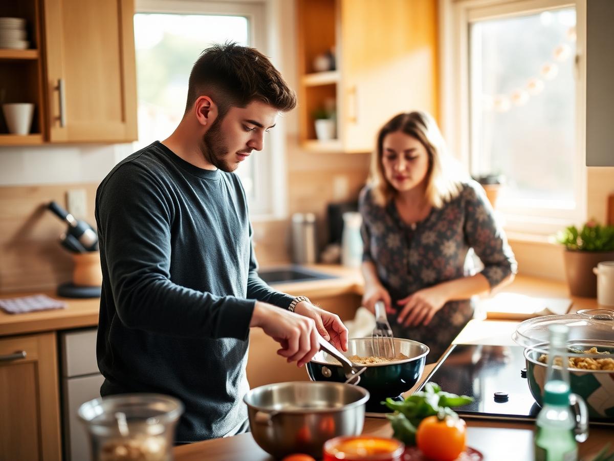 A young man cooking in the kitchen of his supported living home with a support worker