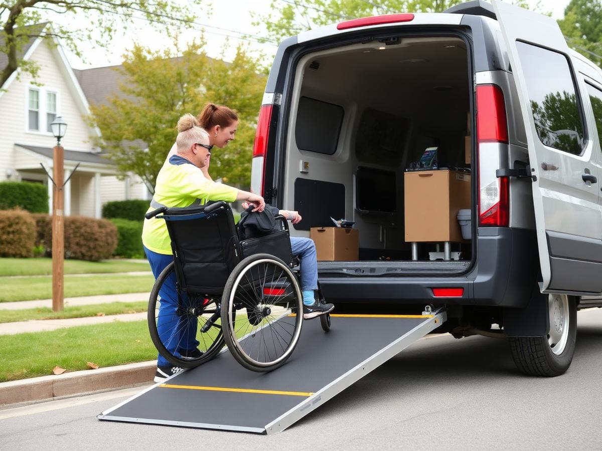 A support worker helping a man in a wheelchair board an accessible van